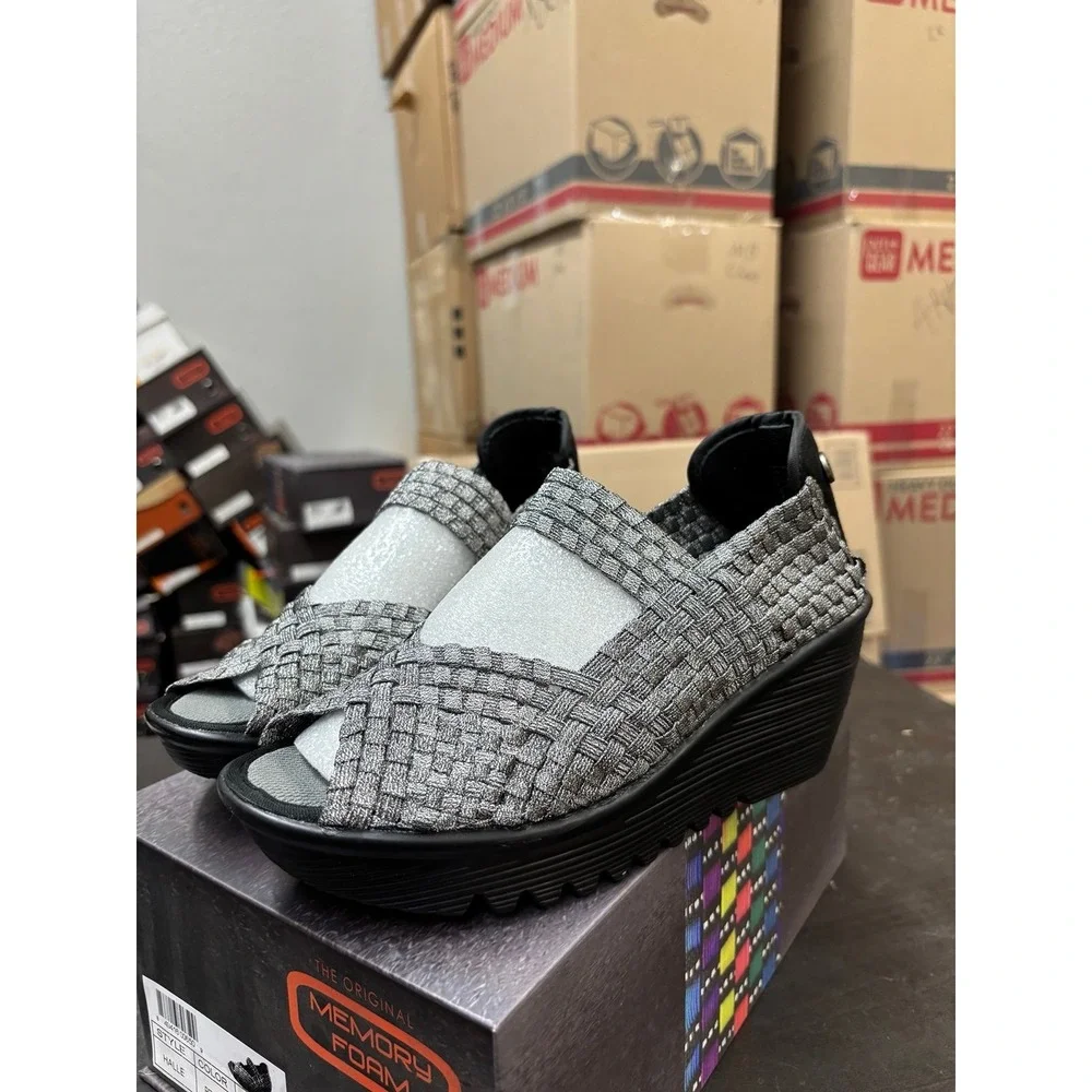 Bernie Mev Halle Pewter Woven Elastic Wedge Sandals Womens Size 36 US 5-5.5